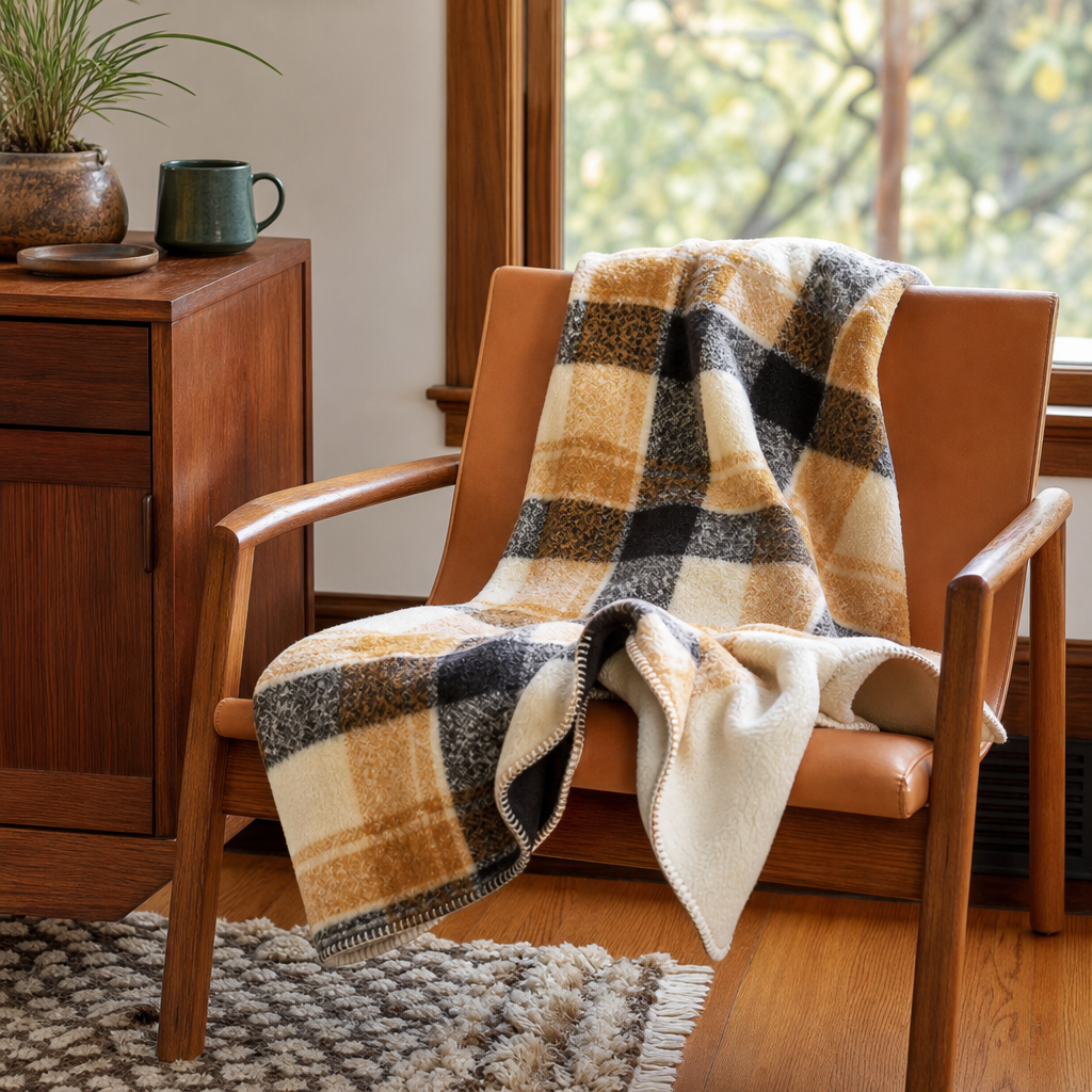 Bloomington Faux Mohair Throw in Tan styled in Portland living room - Whats New Furniture