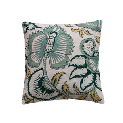 18" Square Cotton Slub Printed Pillow with Botanicals &amp; Chambray Back