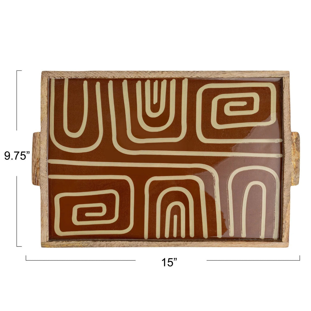 Enameled Mango Wood Tray with Handles &amp; Design