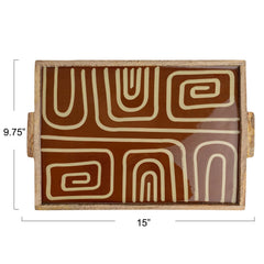 Enameled Mango Wood Tray with Handles &amp; Design