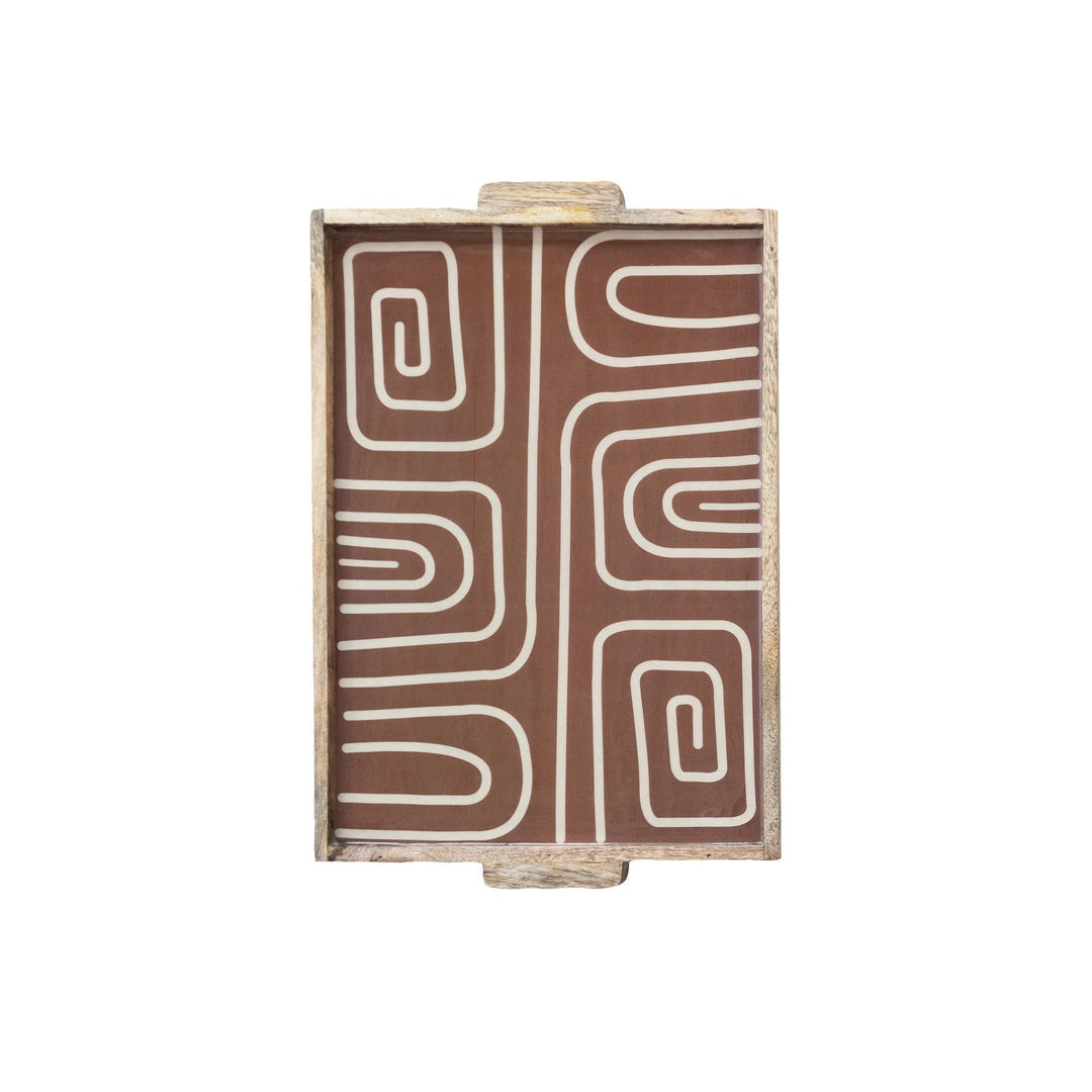 Enameled Mango Wood Tray with Handles & Design