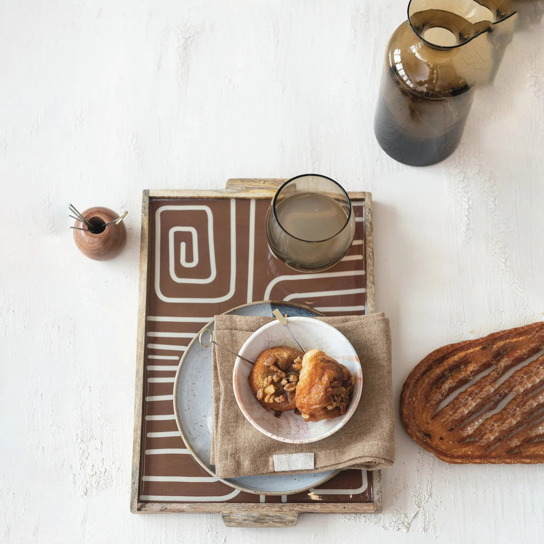 Enameled Mango Wood Tray with Handles &amp; Design