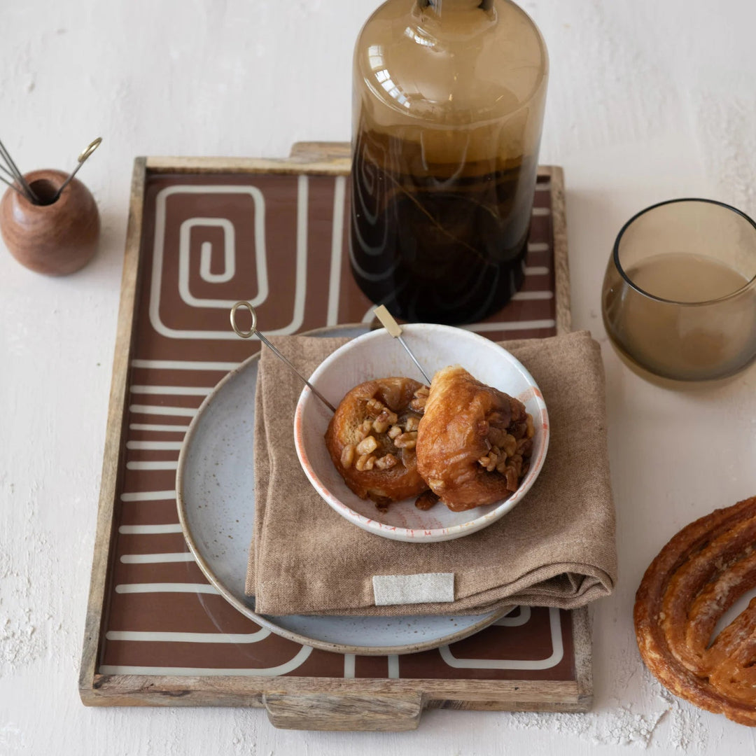 Enameled Mango Wood Tray with Handles &amp; Design
