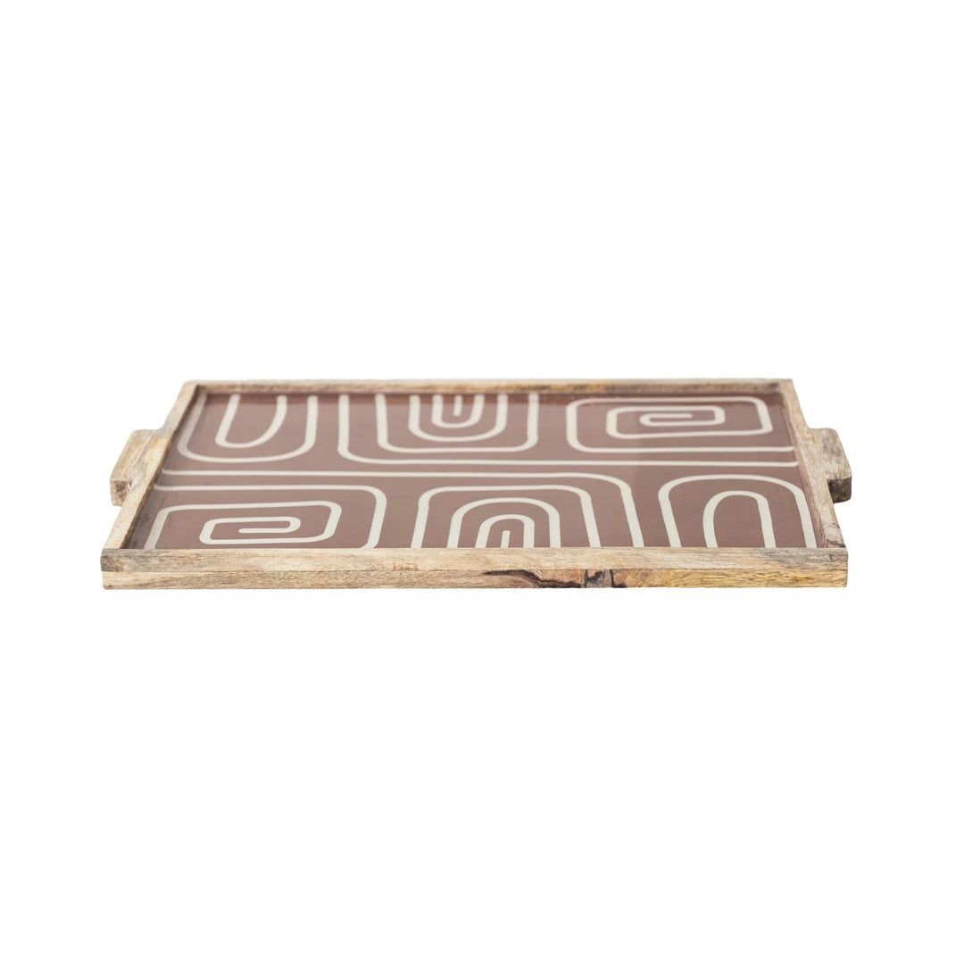 Enameled Mango Wood Tray with Handles &amp; Design