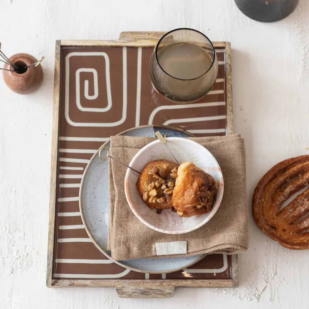 Enameled Mango Wood Tray with Handles &amp; Design
