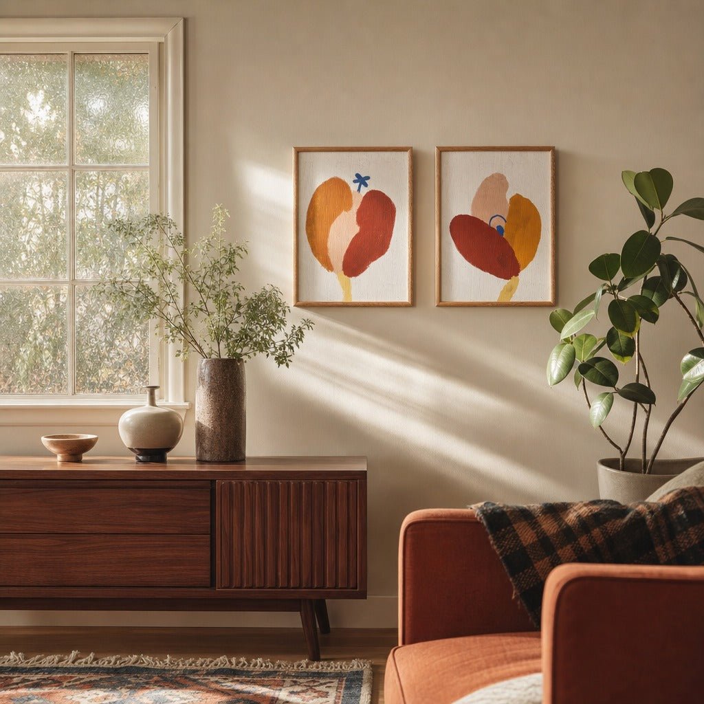 Framed Abstract Flower Wall Art, Rust &amp; Ochre, 2 Styles styled in a Portland living room - Whats New Furniture