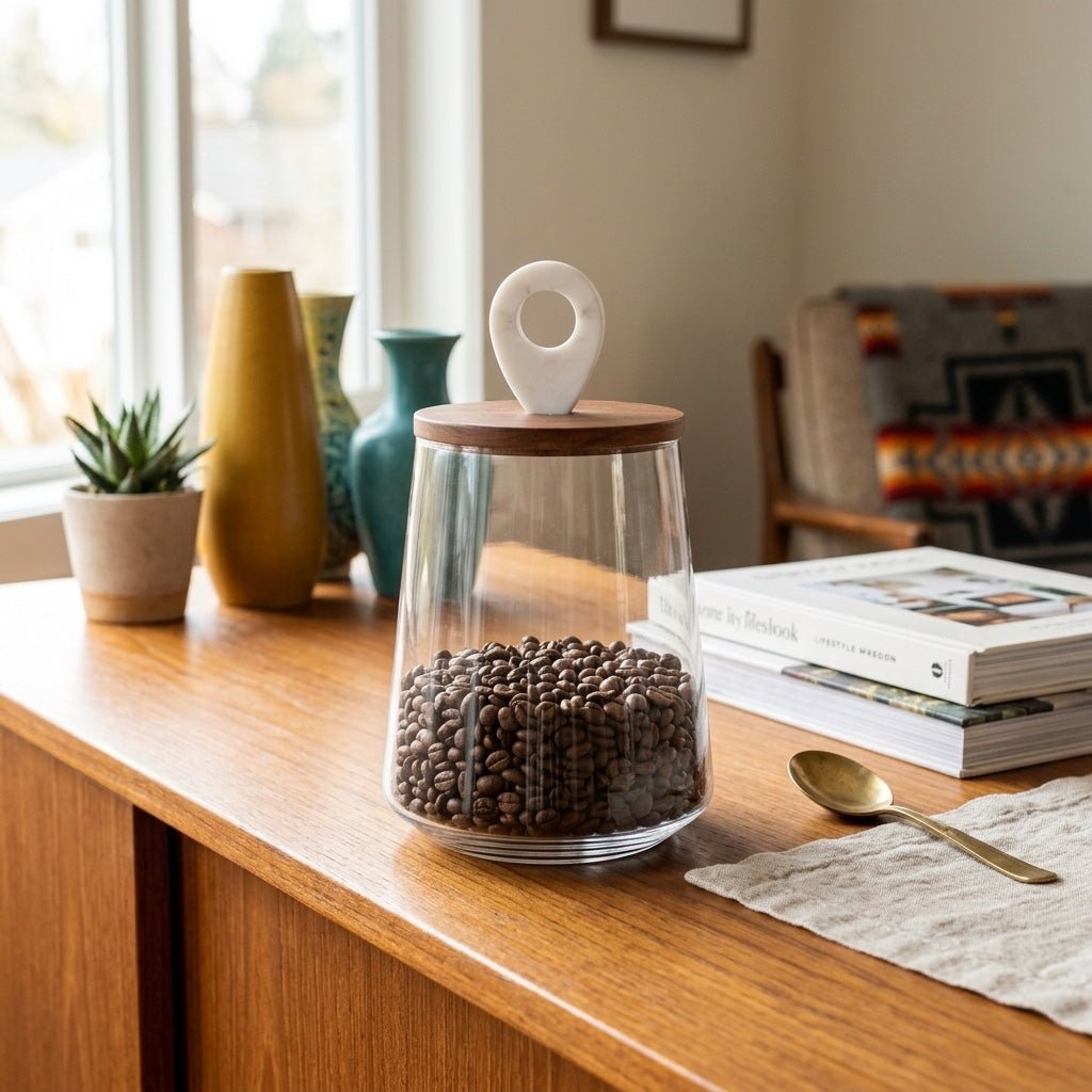 Glass Jar with Wood and Marble Lid styled in a bright Portland mid-century modern interior - Whats New Furniture