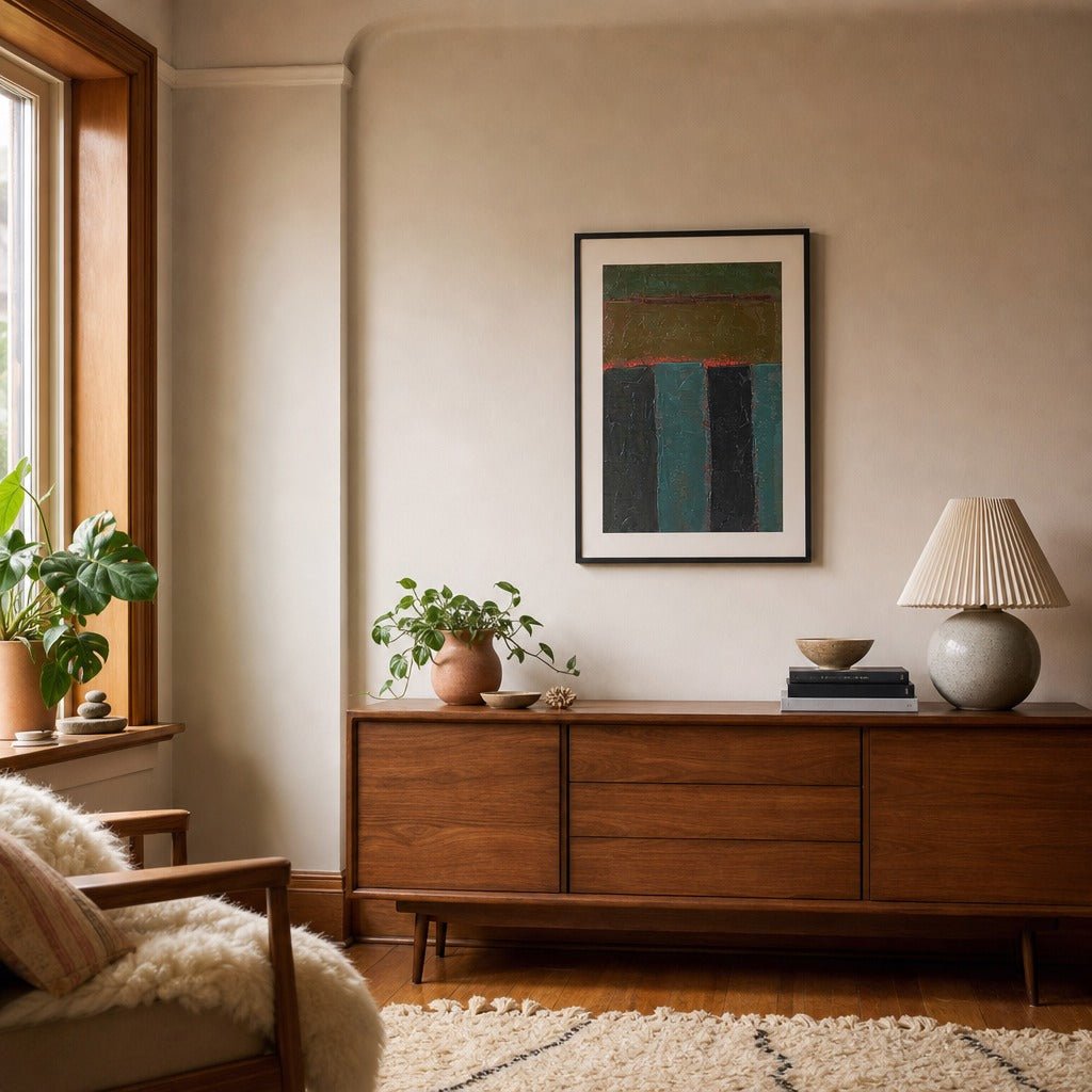 Hand-Painted Abstract Wall Art, Green &amp; Teal, 18" x 24" styled in a second Portland room - Whats New Furniture