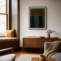 Hand-Painted Abstract Wall Art, Green &amp; Teal, 18" x 24" styled in a Portland living room - Whats New Furniture