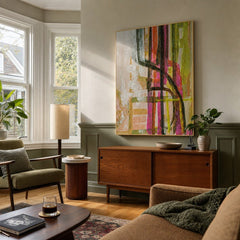 Hand-Painted Abstract Wall Art with Gold Foil Edges, 36" x 48" styled in a second Portland room - Whats New Furniture