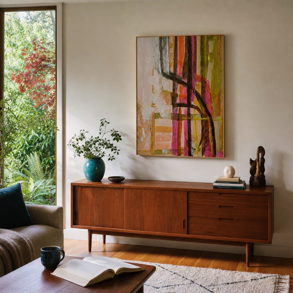 Hand-Painted Abstract Wall Art with Gold Foil Edges, 36" x 48" styled in a Portland living room - Whats New Furniture