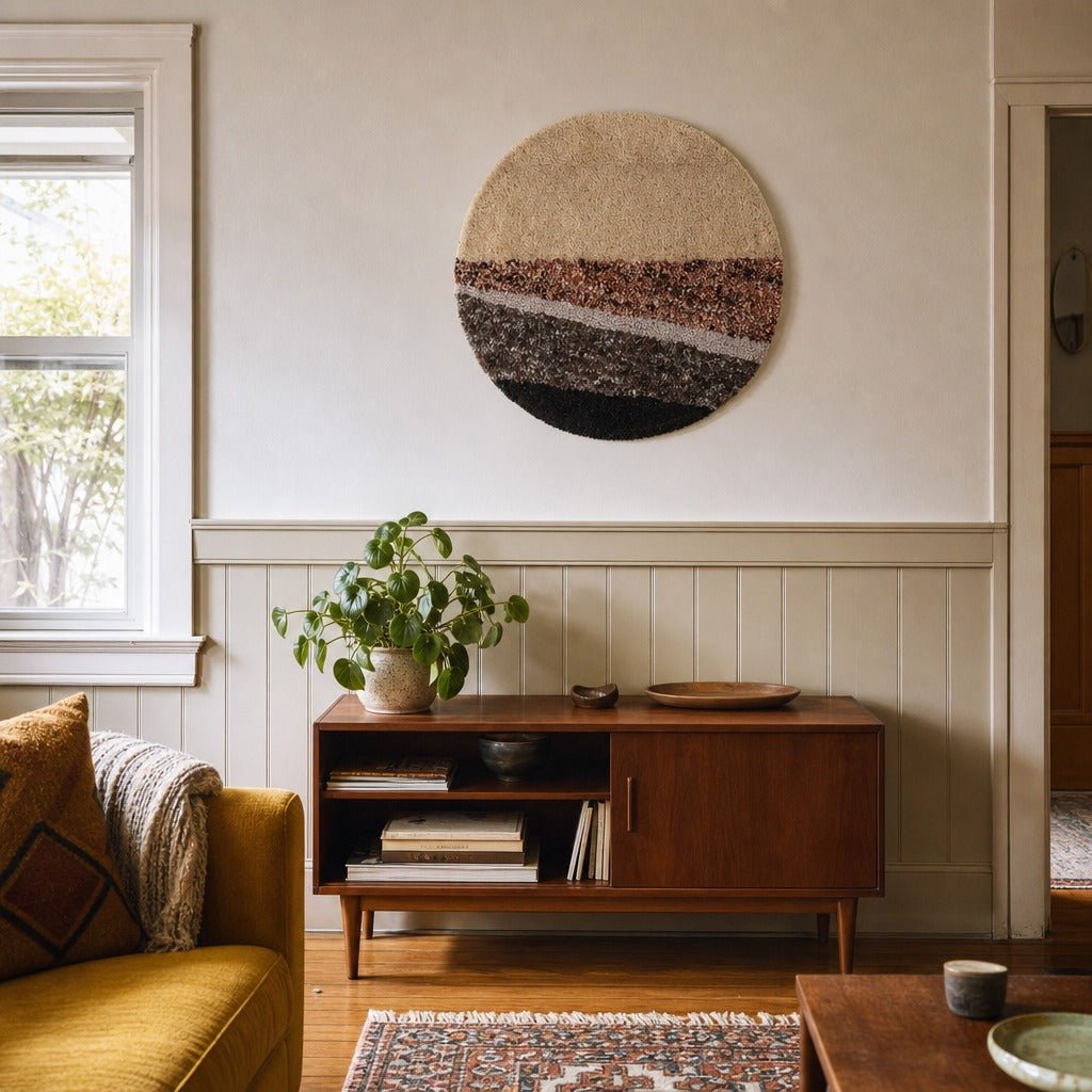 Hand-Tufted Round Wall Décor, Wool &amp; Cotton, 28" styled in a Portland living room - Whats New Furniture
