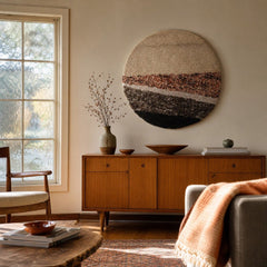 Hand-Tufted Round Wall Décor, Wool &amp; Cotton, 28" styled in a second Portland room - Whats New Furniture