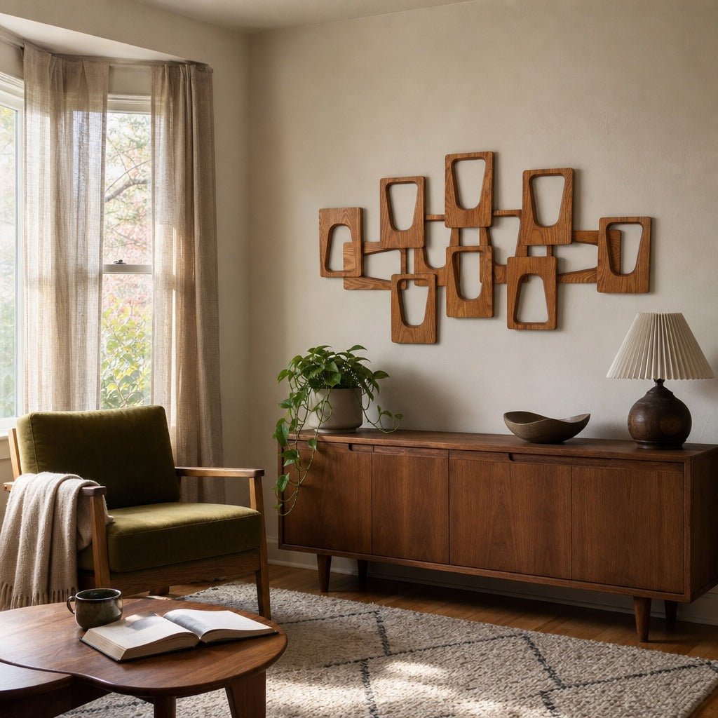 MDF Mid-Century Modern Wall Décor, Wood Finish, 44" styled in a Portland living room - Whats New Furniture