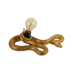 Resin Snake Table Lamp in gold finish with exposed Edison bulb front view - sculptural accent lamp by Bloomingville - Whats New Furniture Portland OR
