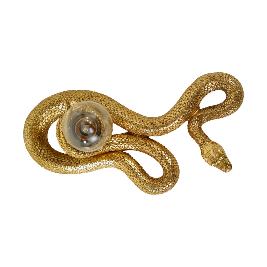 Side angle of the resin snake lamp coiled flat without bulb showing the textured gold scales - Whats New Furniture Portland OR