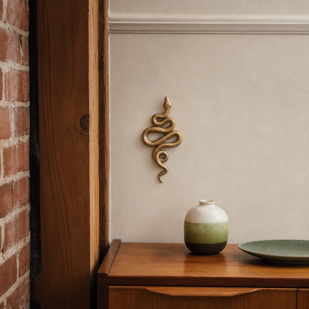 Resin Snake Wall Décor, Gold Finish styled in a second Portland room - Whats New Furniture