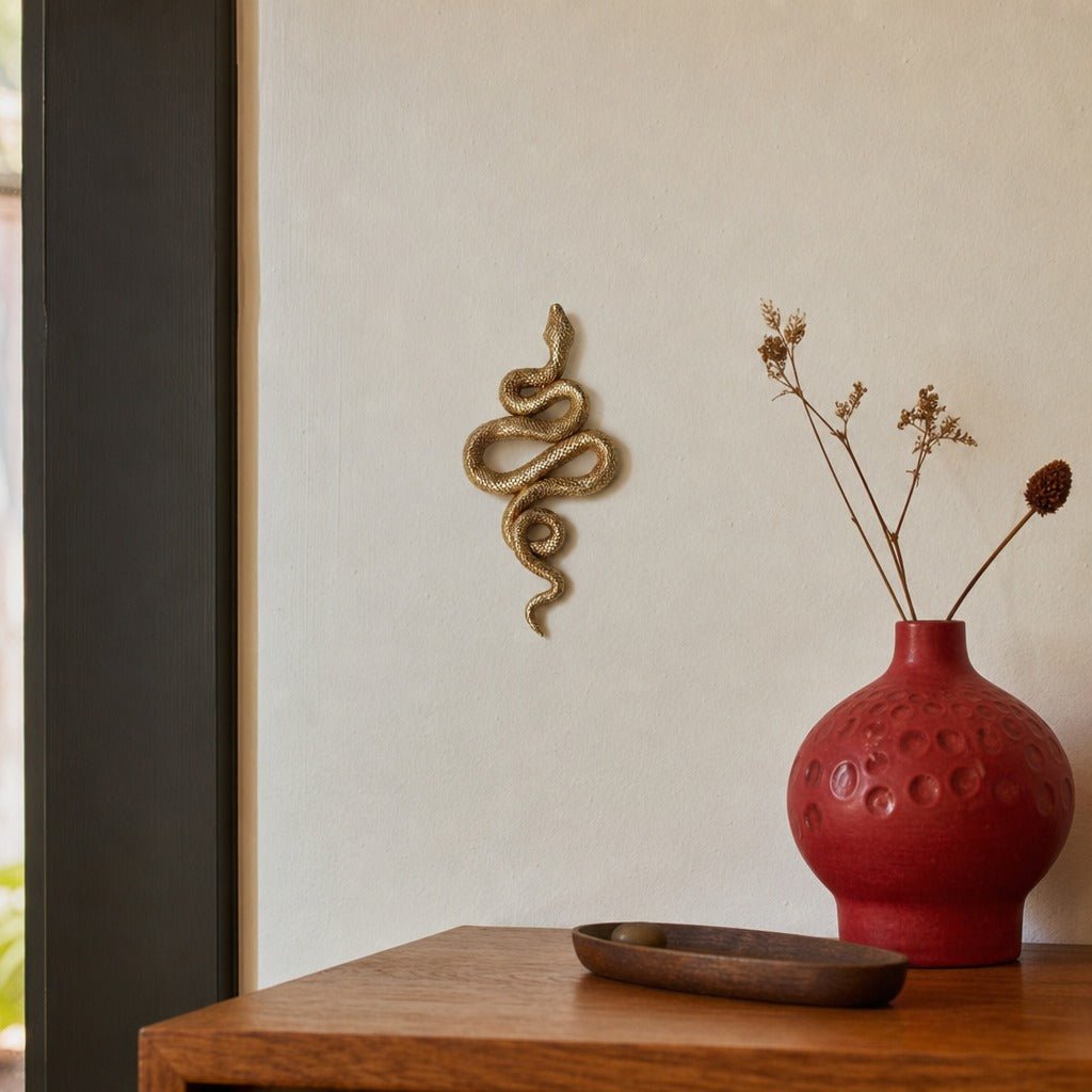 Resin Snake Wall Décor, Gold Finish styled in a Portland living room - Whats New Furniture