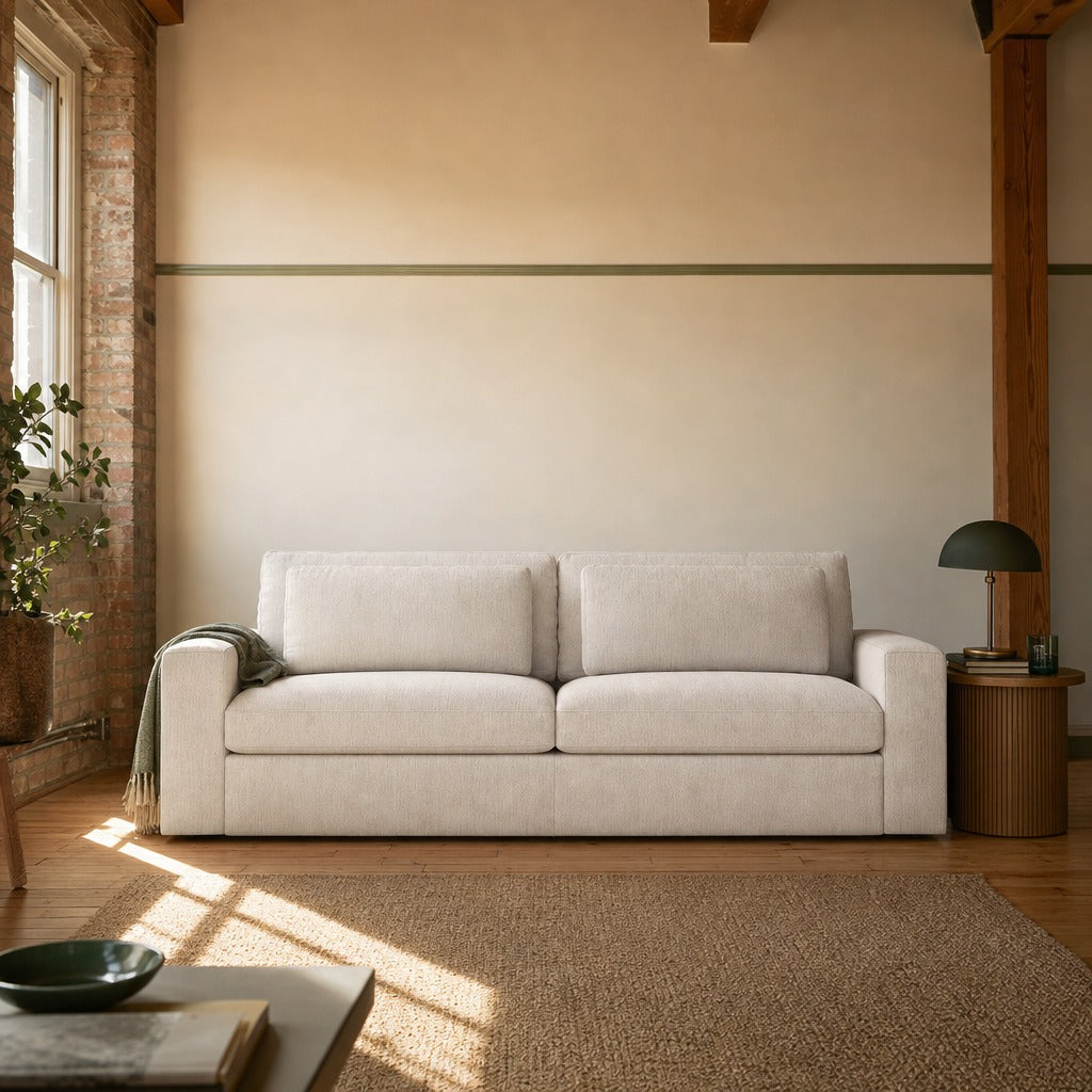 Bloor Sleeper Sofa 95" styled in Portland converted warehouse flat with warm exposed brick and fir timber beams (no steel, no concrete) living room - Whats New Furniture