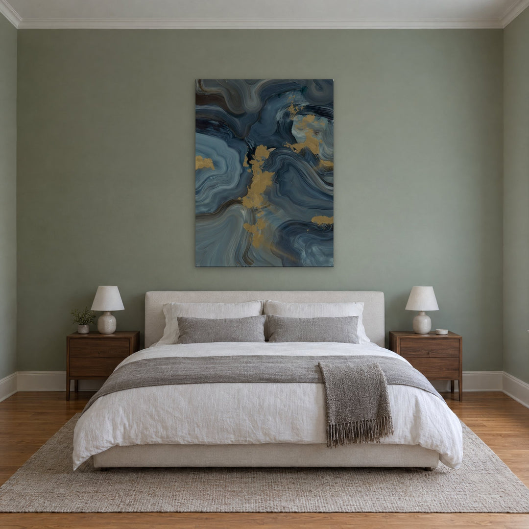 Blue Breeze I Canvas Wall Art, 48" x 60" styled in a Portland bedroom - Whats New Furniture