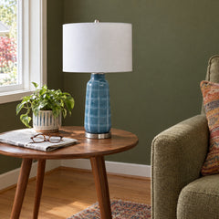 Blue Checkered Glass Table Lamp 29" styled in a Portland living room - Whats New Furniture