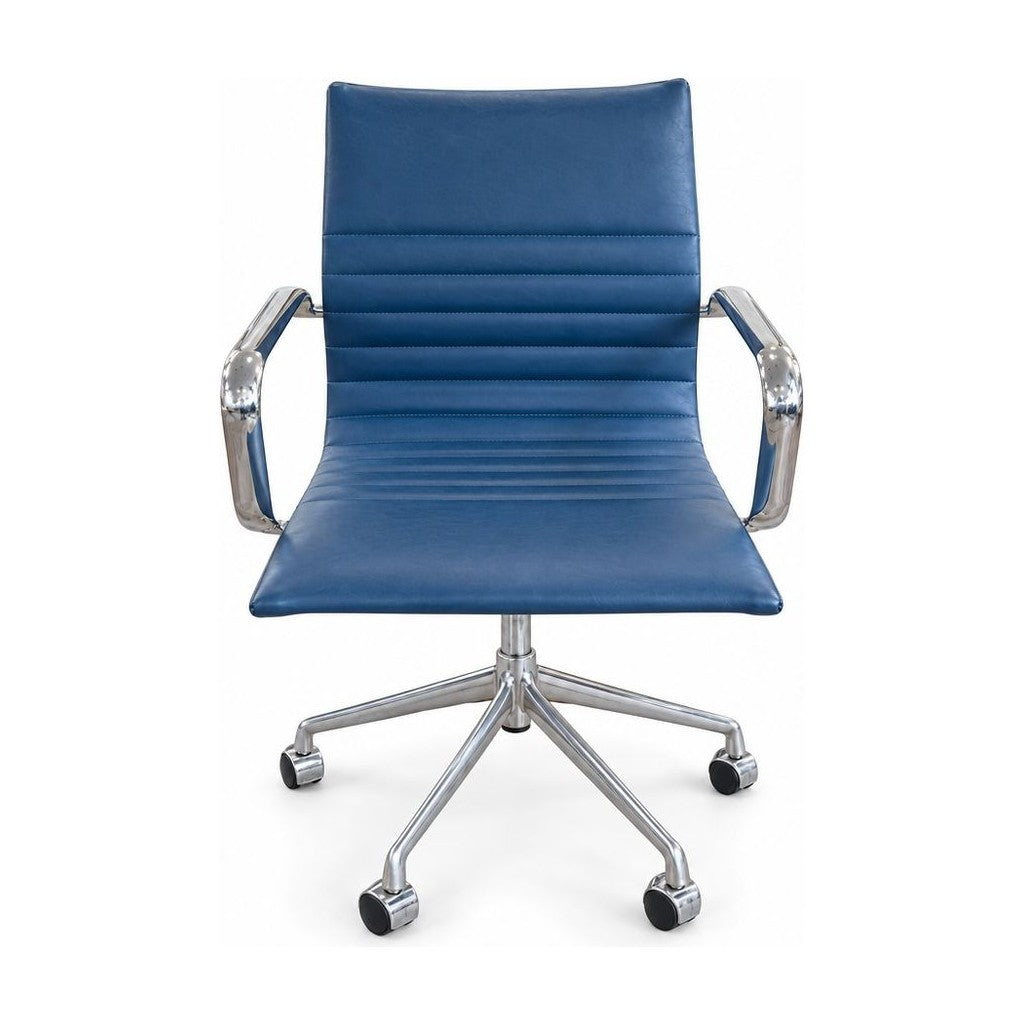 Blue adjustable office chair with a padded seat and metal base.