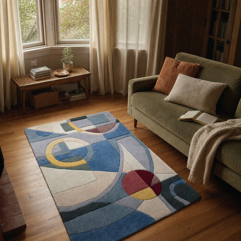 Blue mid-century low-pile accent rug in a small rectangular size - view 2