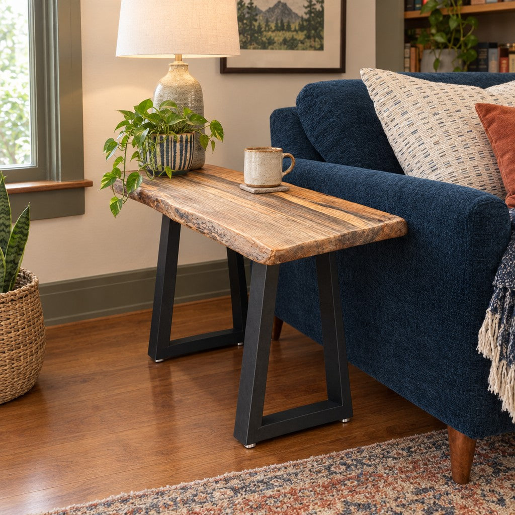 Blue-Stained Pine end table with visible pine grain and a long, low silhouette. - detail view 1