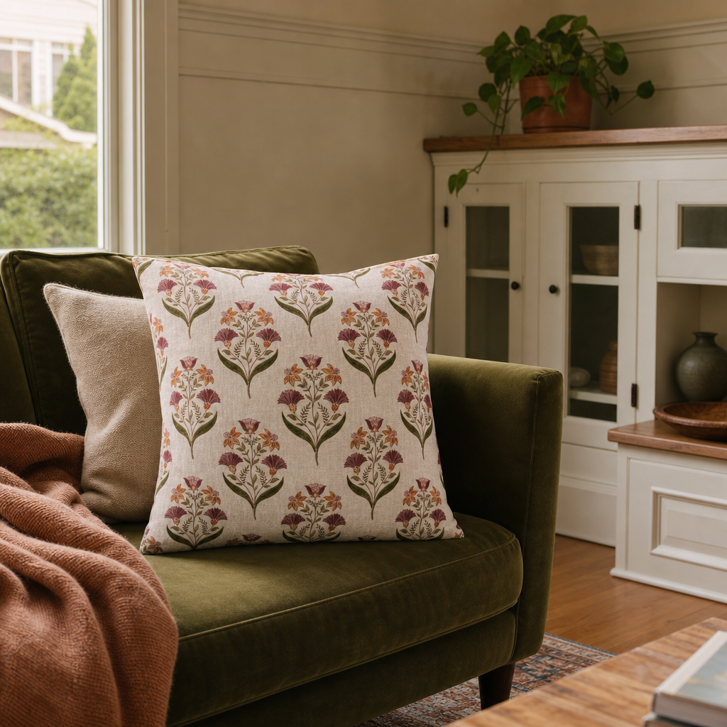 Bluffs Olive Green Floral Throw Pillow styled in a Portland Hawthorne bungalow living room lifestyle - Whats New Furniture
