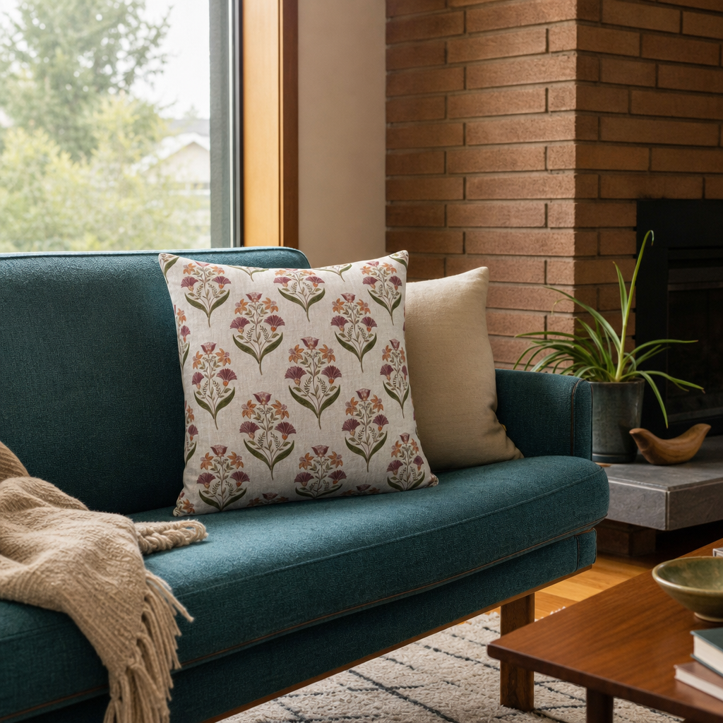 Bluffs Olive Green Floral Throw Pillow styled in a Portland Alberta Arts sitting room lifestyle - Whats New Furniture