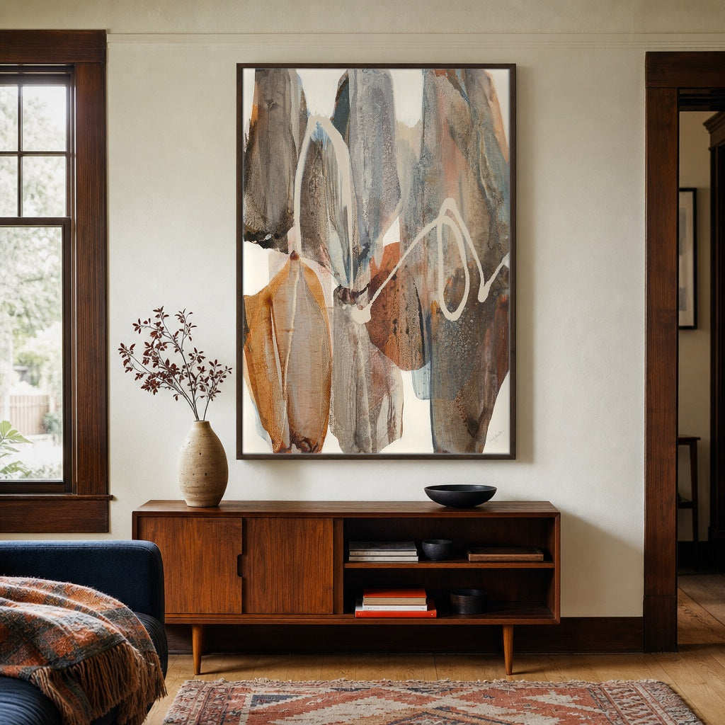 Boundless abstract linen wall art hung above a walnut sideboard in a Portland Craftsman living room - Whats New Furniture
