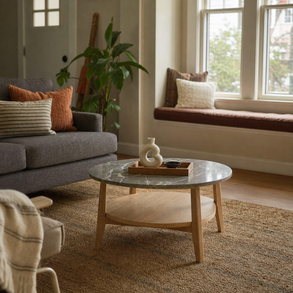 Bradley 2 Piece Round Smarttop Coffee Table Set Grey And Natural styled in Portland Montavilla cottage living room - What&