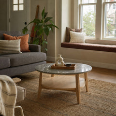 Bradley 2 Piece Round Smarttop Coffee Table Set Grey And Natural styled in Portland Montavilla cottage living room - What&
