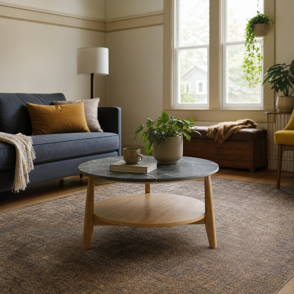 Bradley 3 Piece Round Smarttop Coffee Table Set Grey And Natural styled in Portland St. Johns bungalow living room - What&