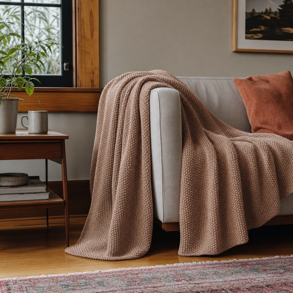 Bree Knit Throw in Brown styled in Portland living room - Whats New Furniture