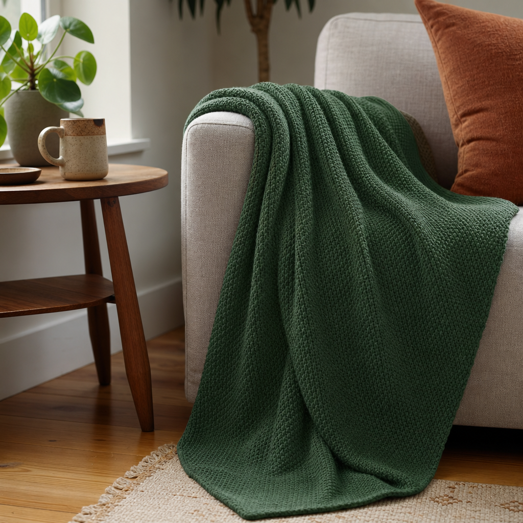 Bree Knit Throw in Green styled in Portland living room - Whats New Furniture
