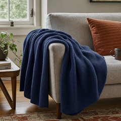 Bree Knit Throw in Indigo styled in Portland living room - Whats New Furniture
