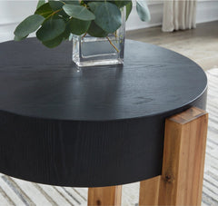 Breenmore Table in Black/Natural detail view - coffee and end table set by Ashley - Whats New Furniture Portland OR