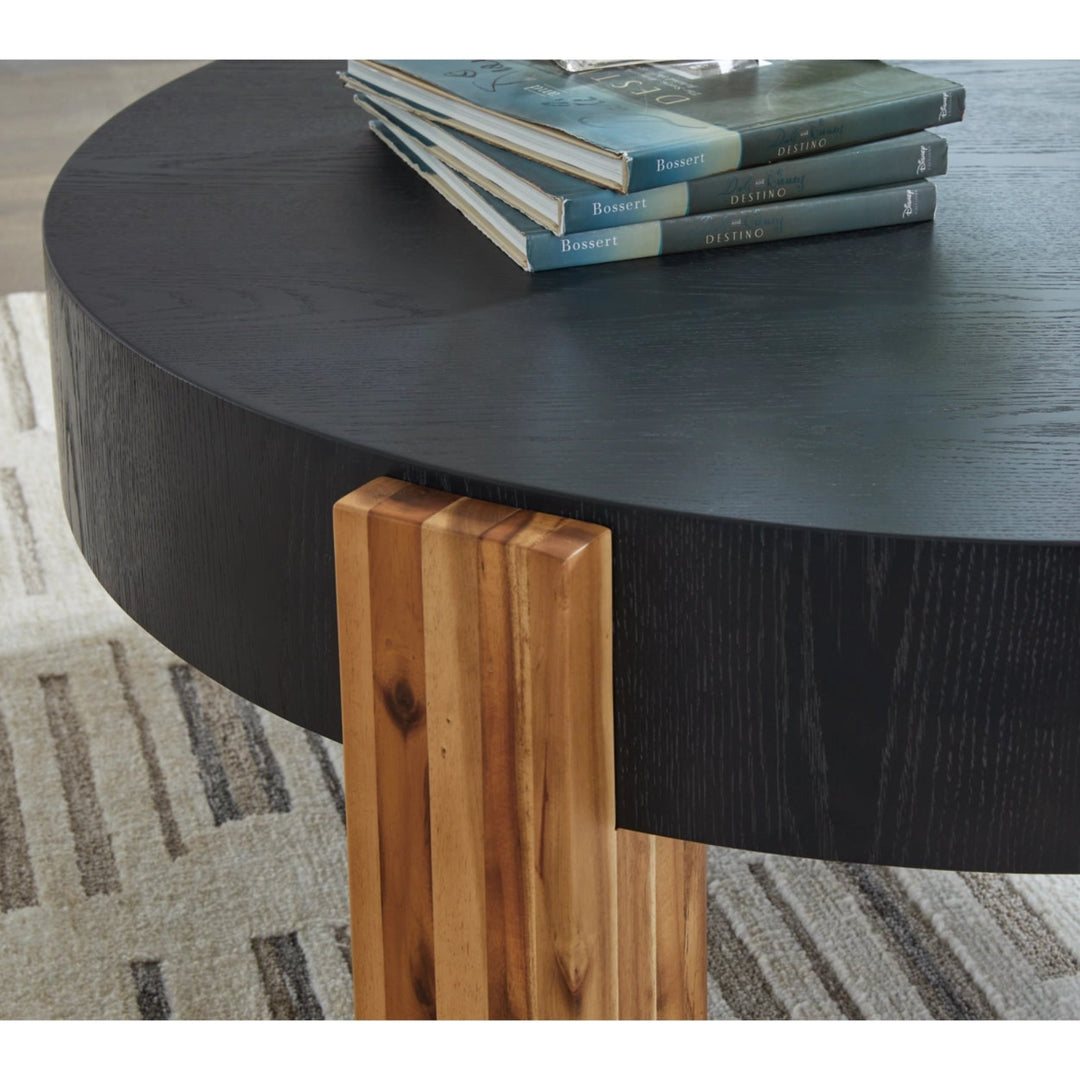 Breenmore Table in Black/Natural tabletop detail - coffee and end table set by Ashley - Whats New Furniture Portland OR