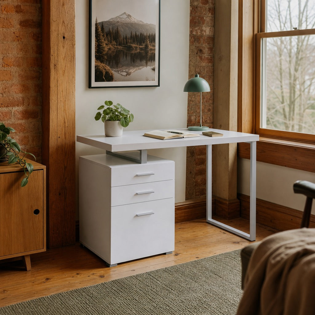 Brennan 47 Inch 3 Drawer Office Computer Desk White styled in Portland converted warehouse flat with warm exposed brick and fir timber beams (no steel, no concrete) living room - What&