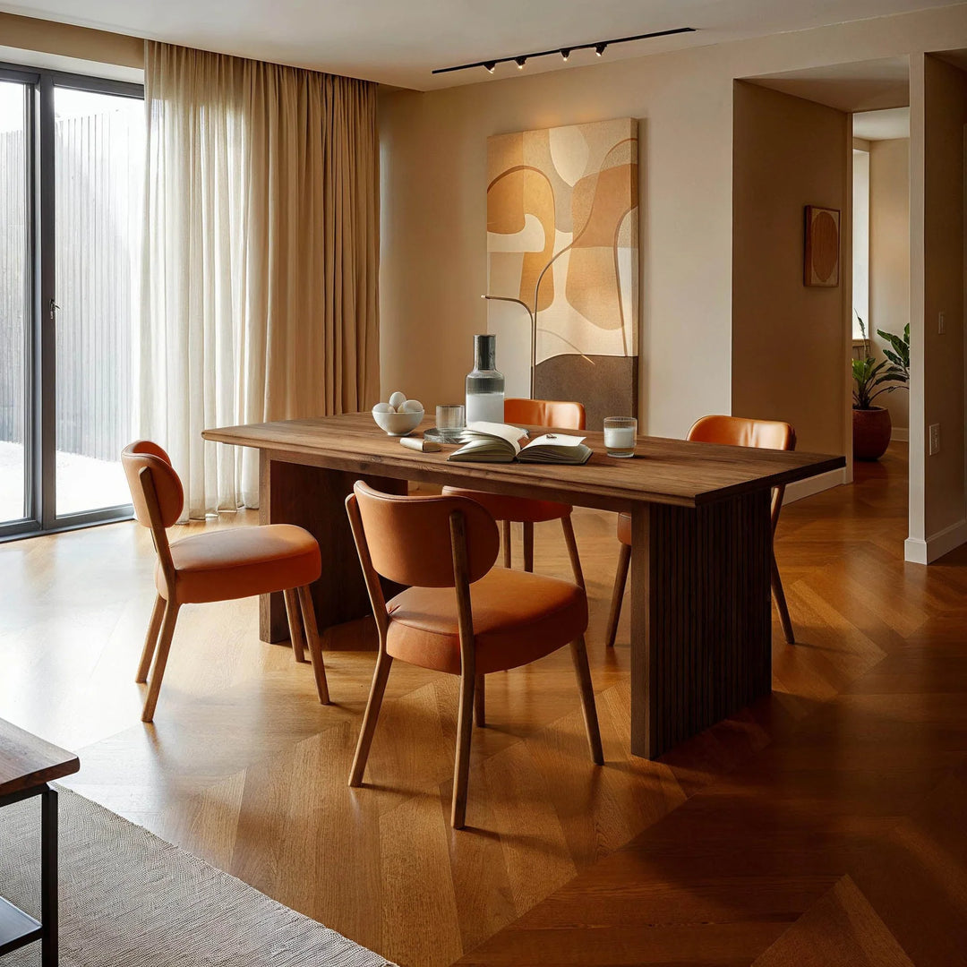 Britanica Dining Table in brown lifestyle setting - reclaimed pine dining table by LH Imports - Whats New Furniture Portland OR