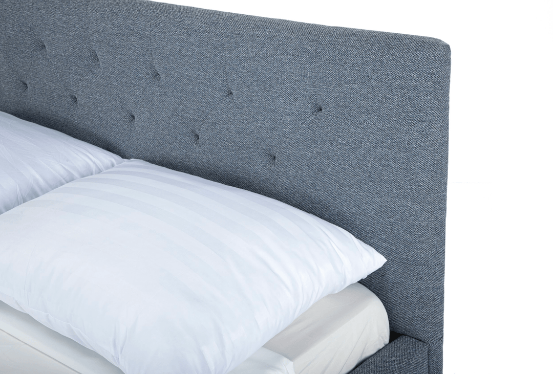 Broadway Queen Bed Frame in Agnes Beige alternate angle - tufted upholstered queen bed private label - Whats New Furniture Portland OR