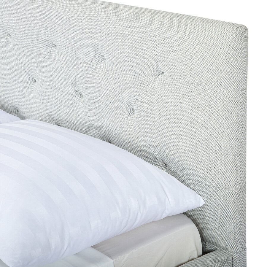 Broadway Queen Bed Frame in Agnes Beige back view - tufted upholstered queen bed private label - Whats New Furniture Portland OR