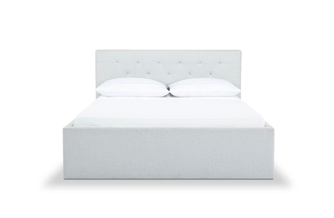 Broadway Queen Bed Frame in Agnes Beige corner detail - tufted upholstered queen bed private label - Whats New Furniture Portland OR