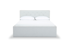 Broadway Queen Bed Frame in Agnes Beige corner detail - tufted upholstered queen bed private label - Whats New Furniture Portland OR