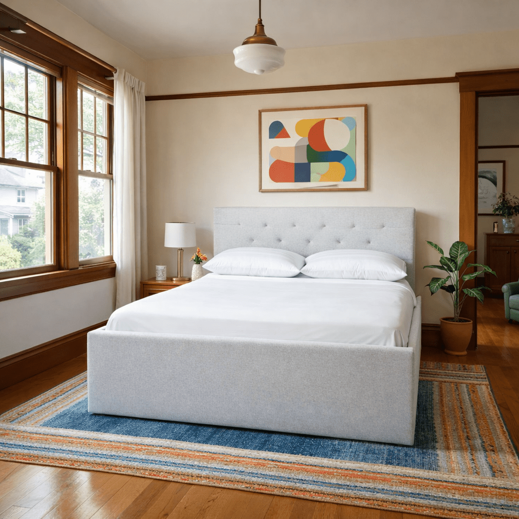 Broadway Queen Bed Frame in Agnes Beige detail view - tufted upholstered queen bed private label - Whats New Furniture Portland OR