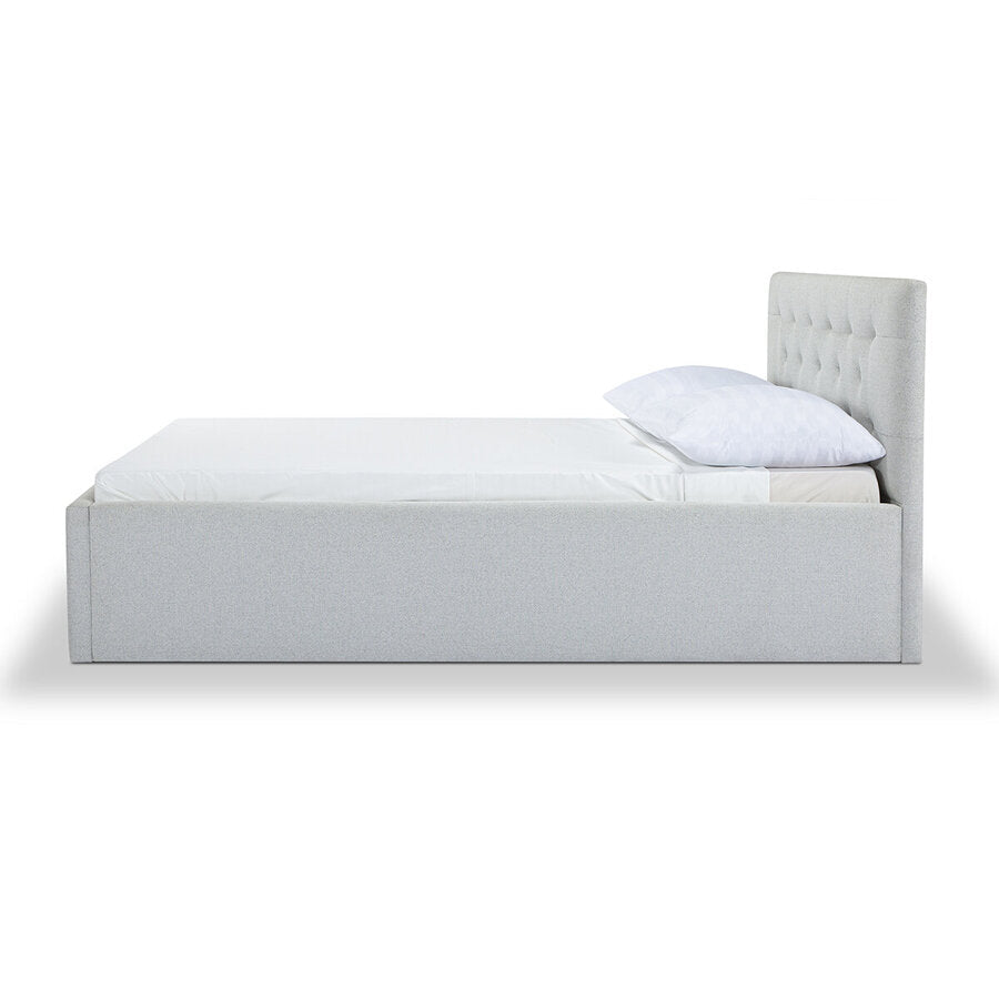 Broadway Queen Bed Frame in Agnes Beige lifestyle setting - tufted upholstered queen bed private label - Whats New Furniture Portland OR
