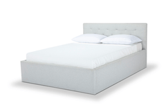 Broadway Queen Bed Frame in Agnes Beige side view - tufted upholstered queen bed private label - Whats New Furniture Portland OR