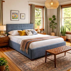 Broadway Queen Bed Frame in Agnes Dust Blue side angle - tufted upholstered queen bed private label - Whats New Furniture Portland OR