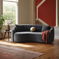 Brookside Velvet Upholstered Curved Sofa Dark Grey styled in Portland AlbertArts foursquare living room - What&